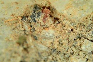 Tiny red jewell in crevice of a piece of quartz. Magnified with Tomlov portable microscope.